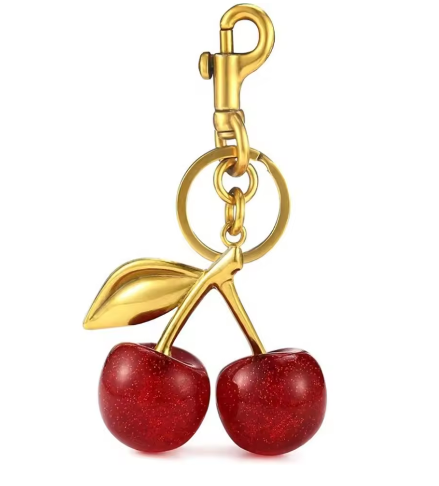 CUIER 1PC Cute Pearl Bracelet Cherry Fruit Keychain Bag Charm Black Red Jelly Cherrys Key Chain - Pearl Red